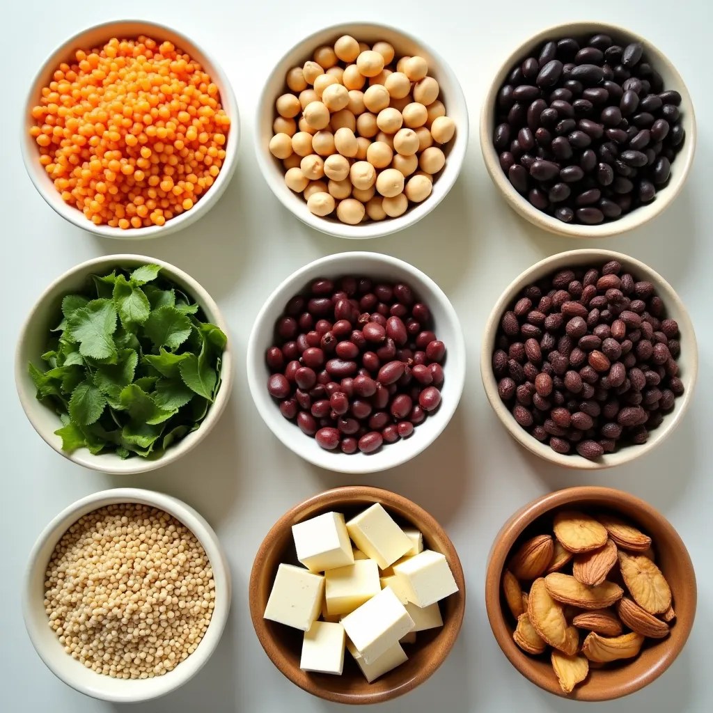 Diverses sources de protéines végétales comme les lentilles, pois chiches, tofu et noix